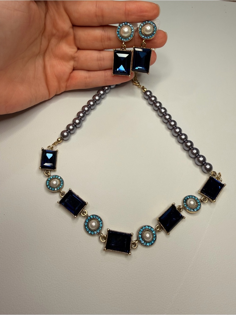Blue Crystal Pearl Necklace & Earring Set - Picture 9 of 14